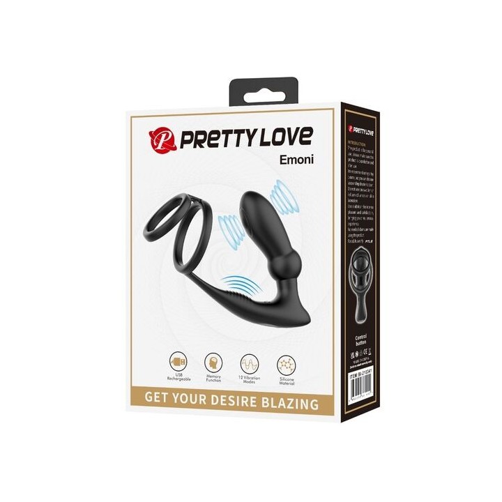 PRETTY LOVE - ANELLO PER PENE EMONI + TAPPO ANALE 12 VIBRAZIONI NERO